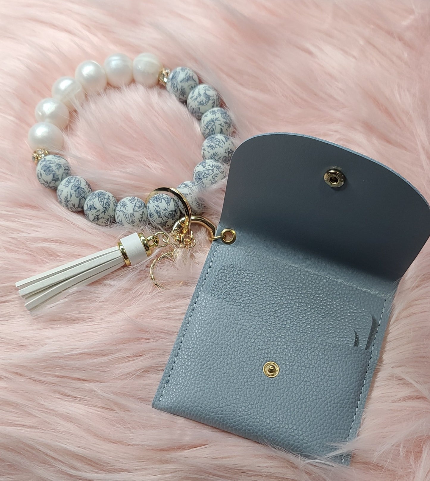 Wristlet Keychain with Mini Wallet - Butterfly Pearl