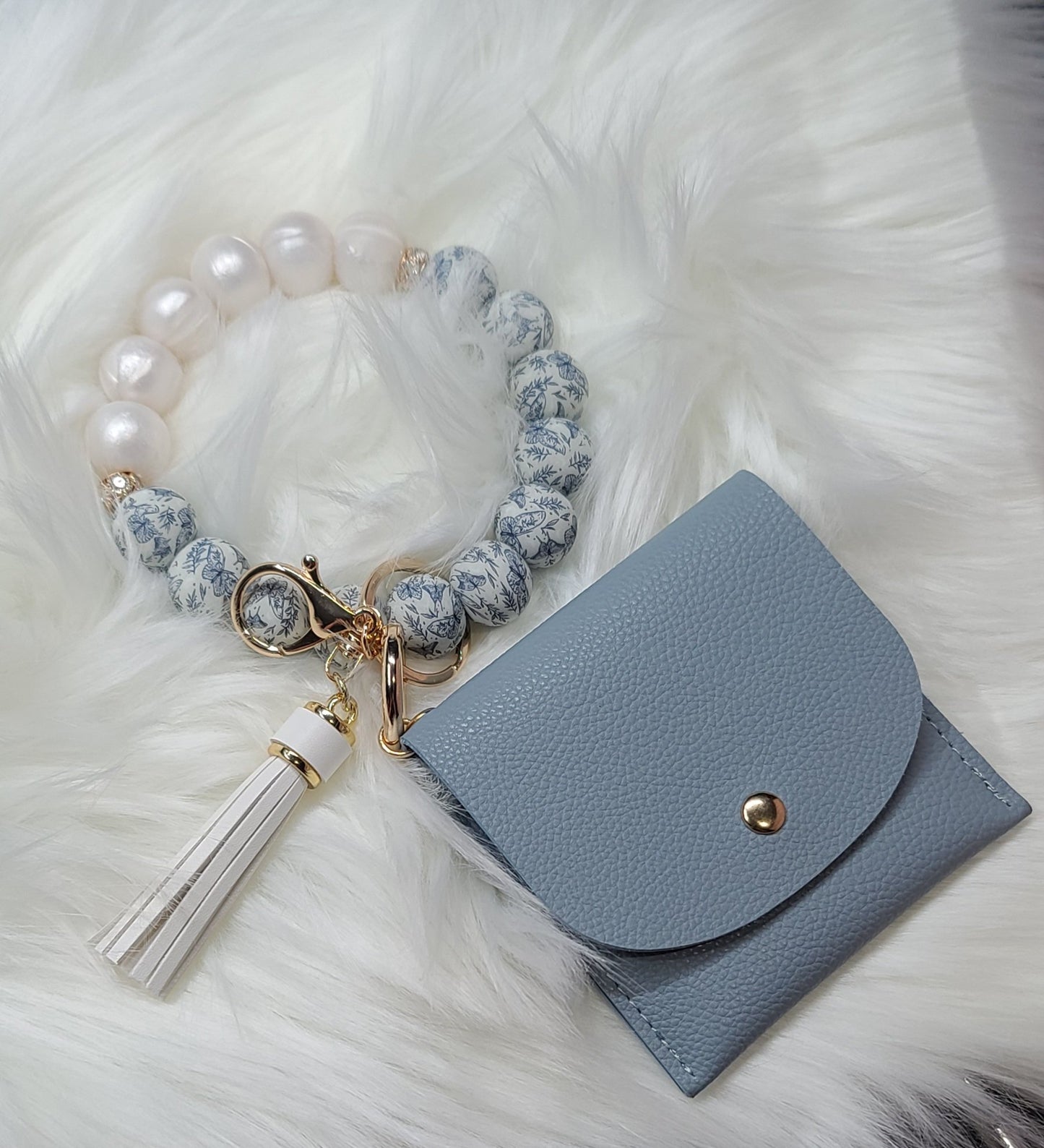 Wristlet Keychain with Mini Wallet - Butterfly Pearl