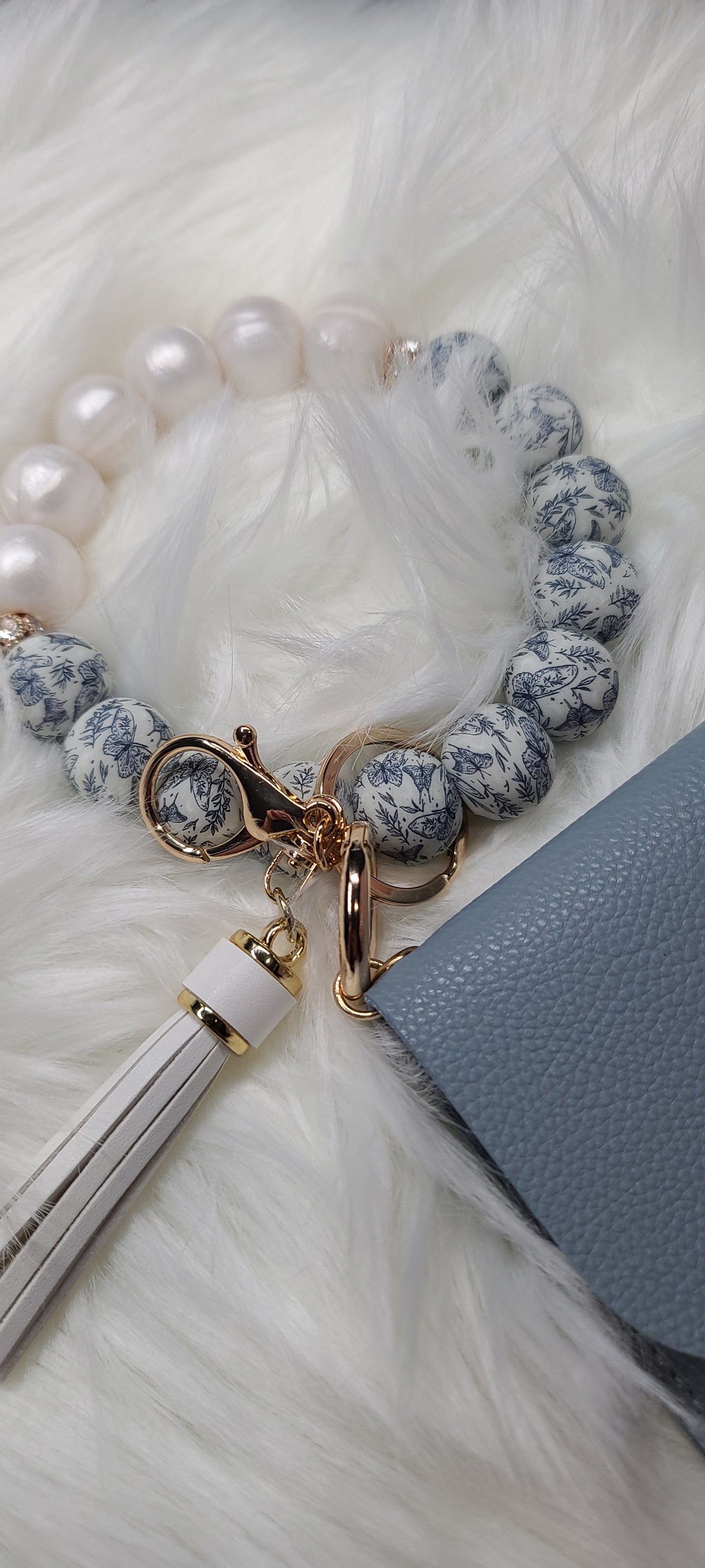 Wristlet Keychain with Mini Wallet - Butterfly Pearl