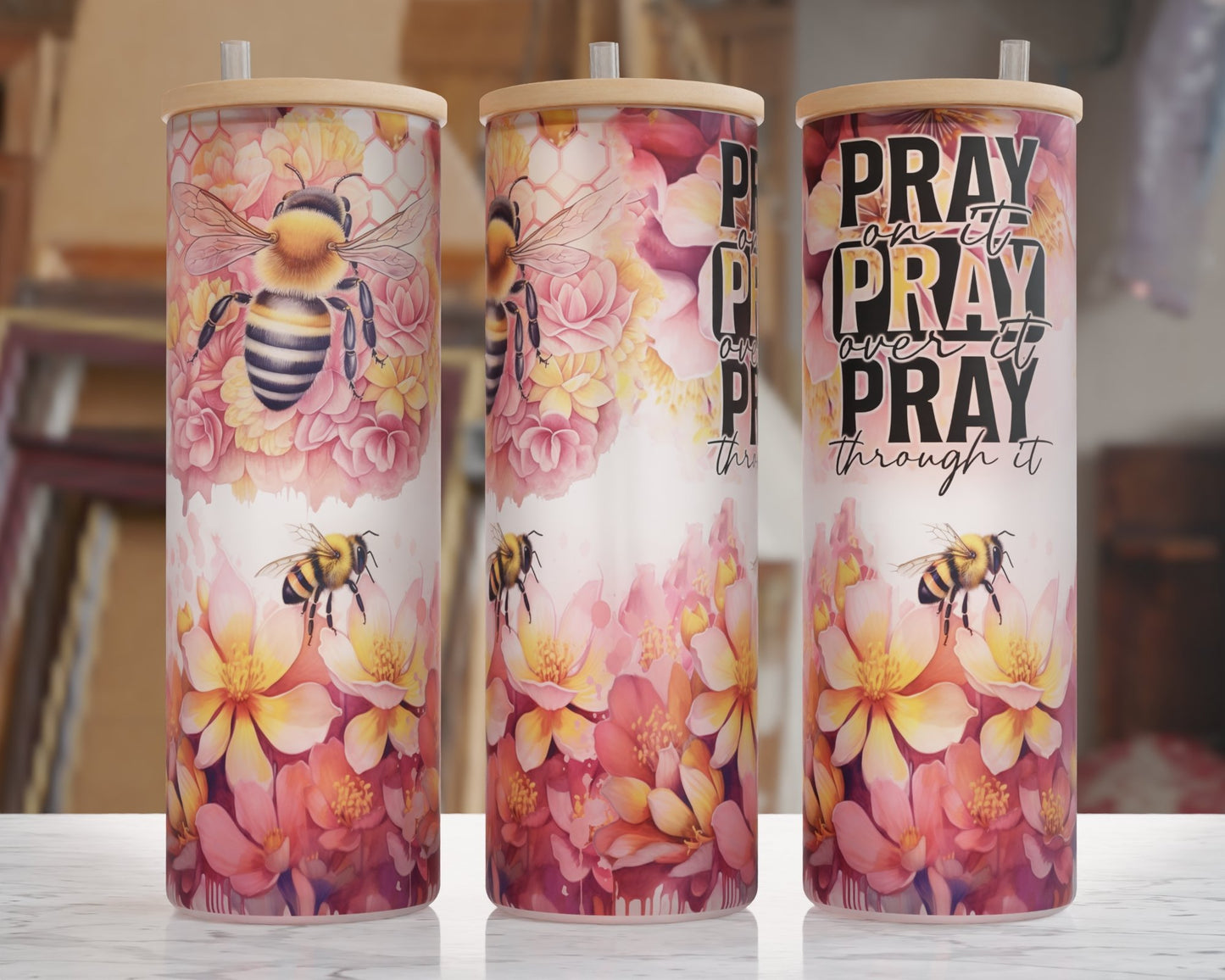Pray on it Pray Over it Pray through it - 16oz or 25oz Glass Tumbler
