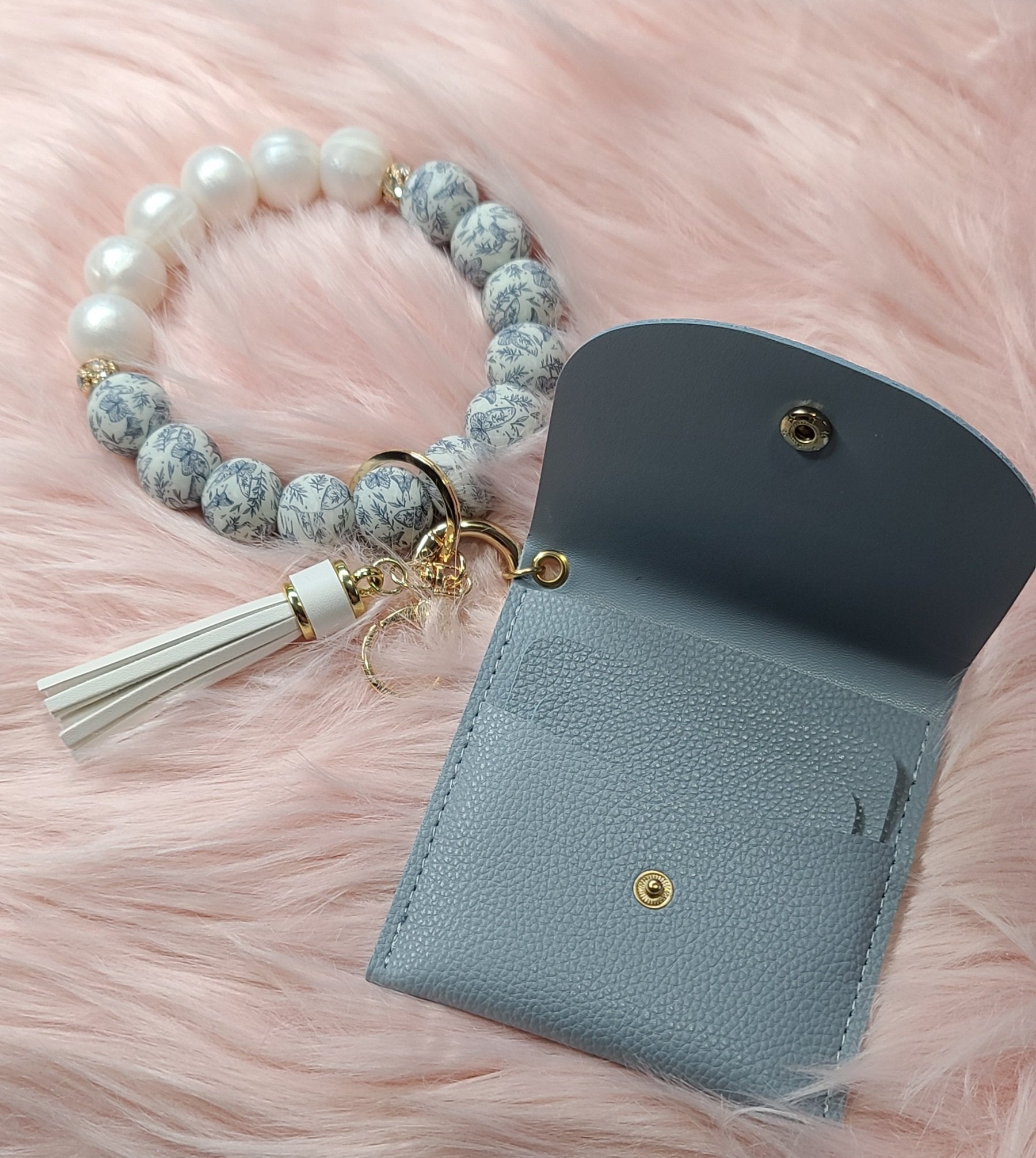 Wristlet Keychain with Mini Wallet - Butterfly Pearl